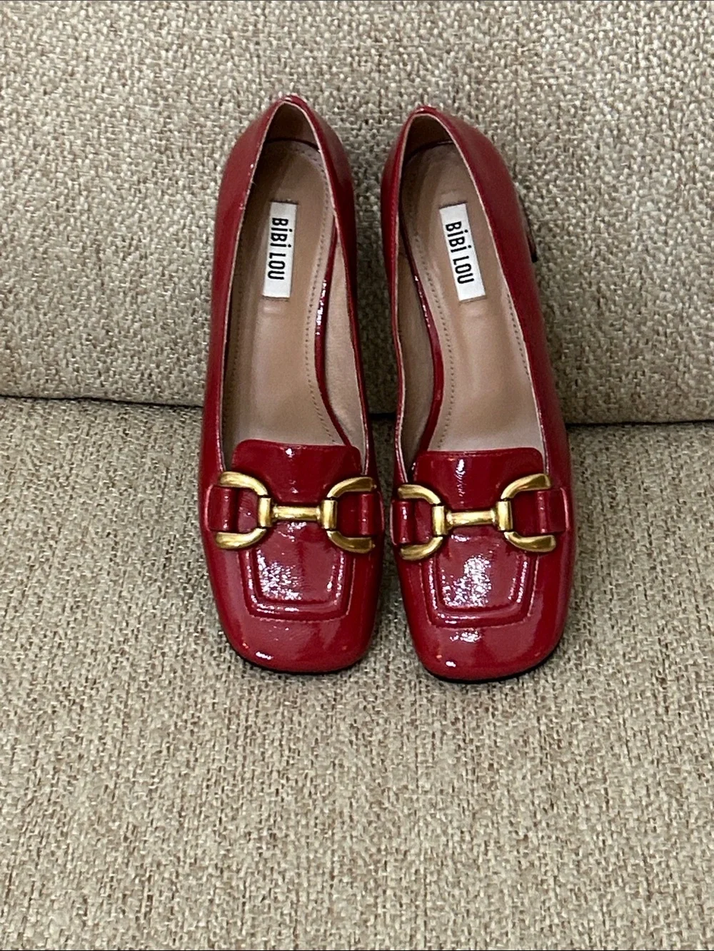 Bibi Lou Red Patent Loafers with Gold Bit Detail - Picture 1 of 3